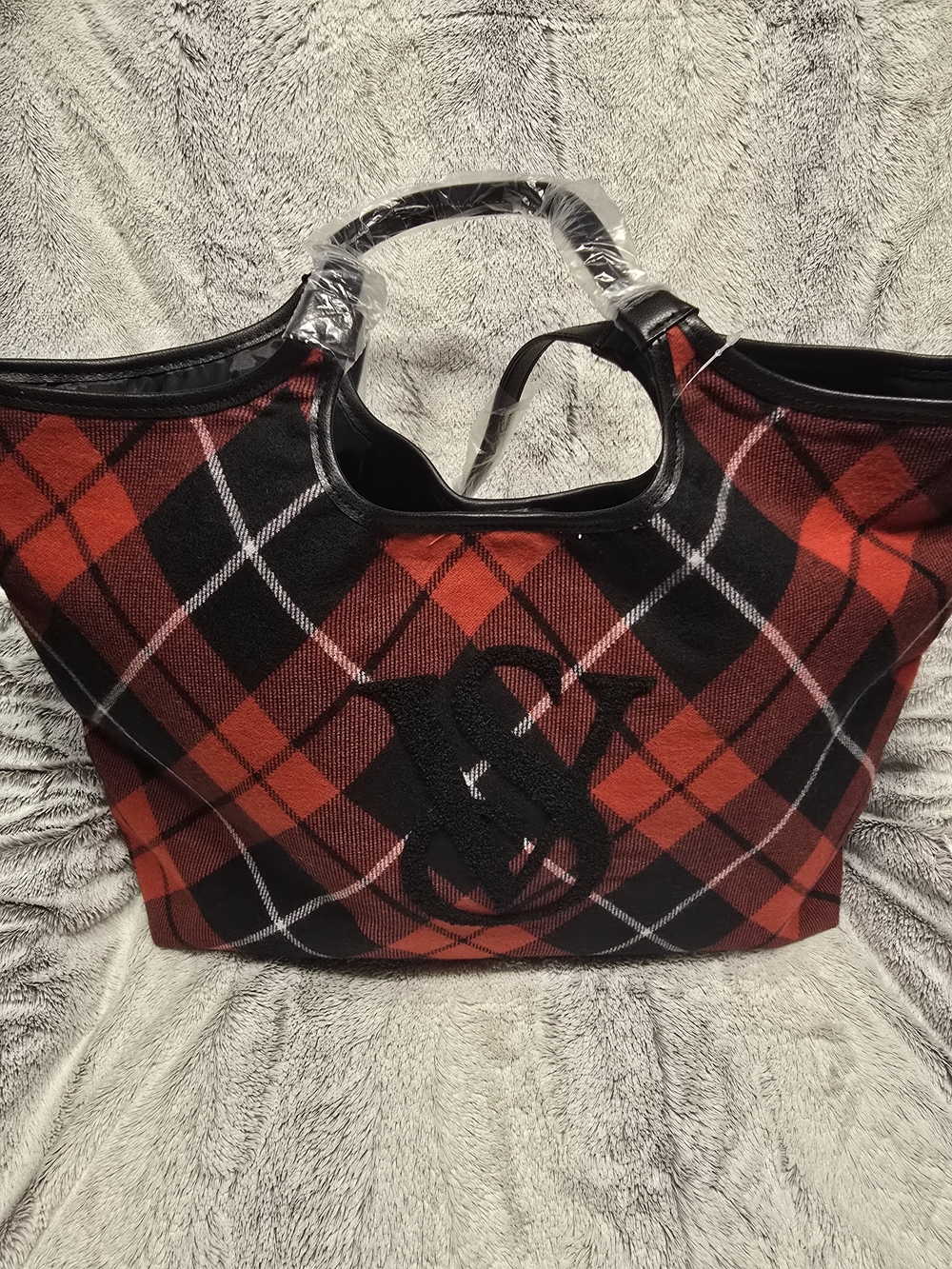 Victoria's Secret Red & Black Plaid Flannel Tote Bag with Monogram Accent